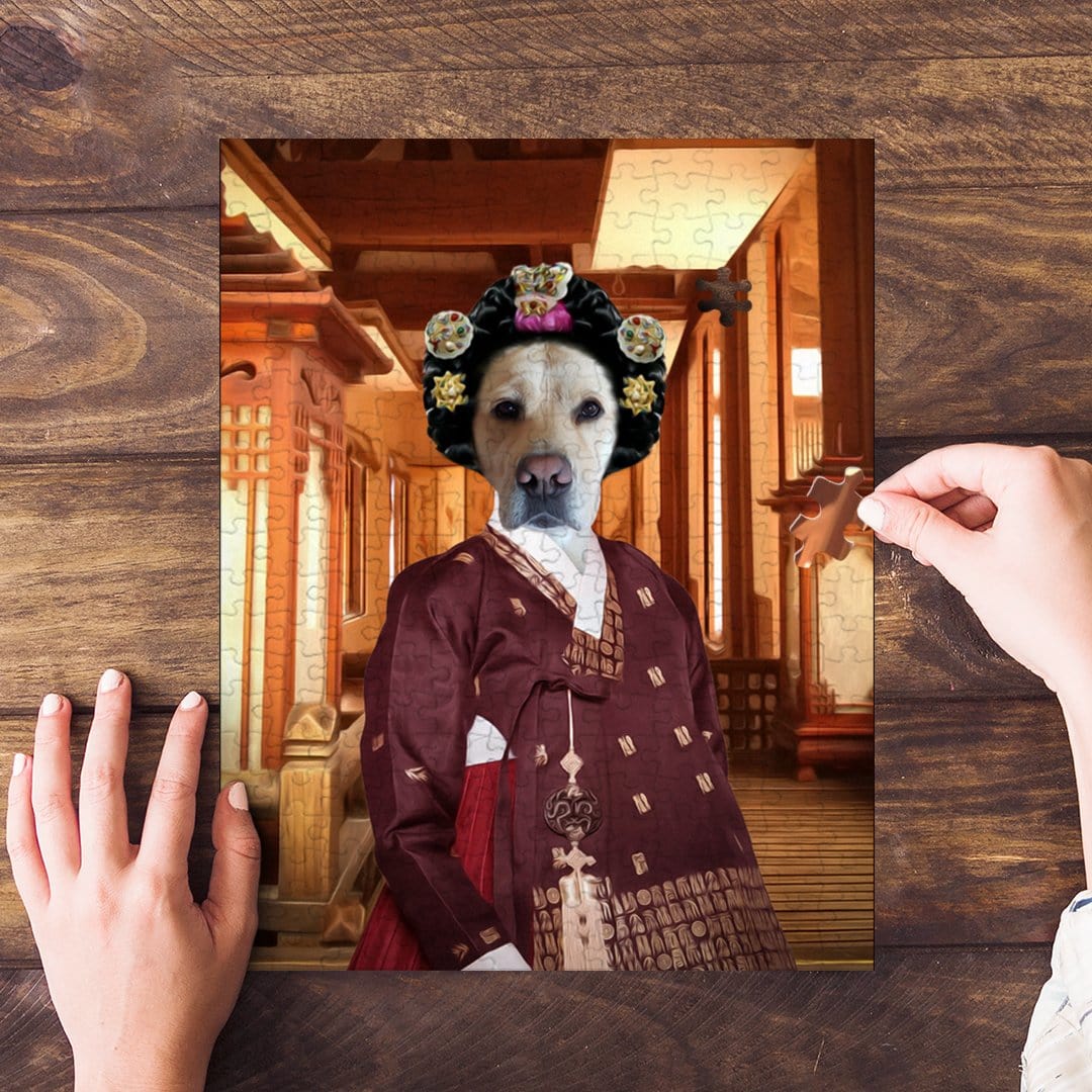 Personalized dog puzzle, 'Asian Empress' portrait style, featuring a labrador in a traditional hanbok.