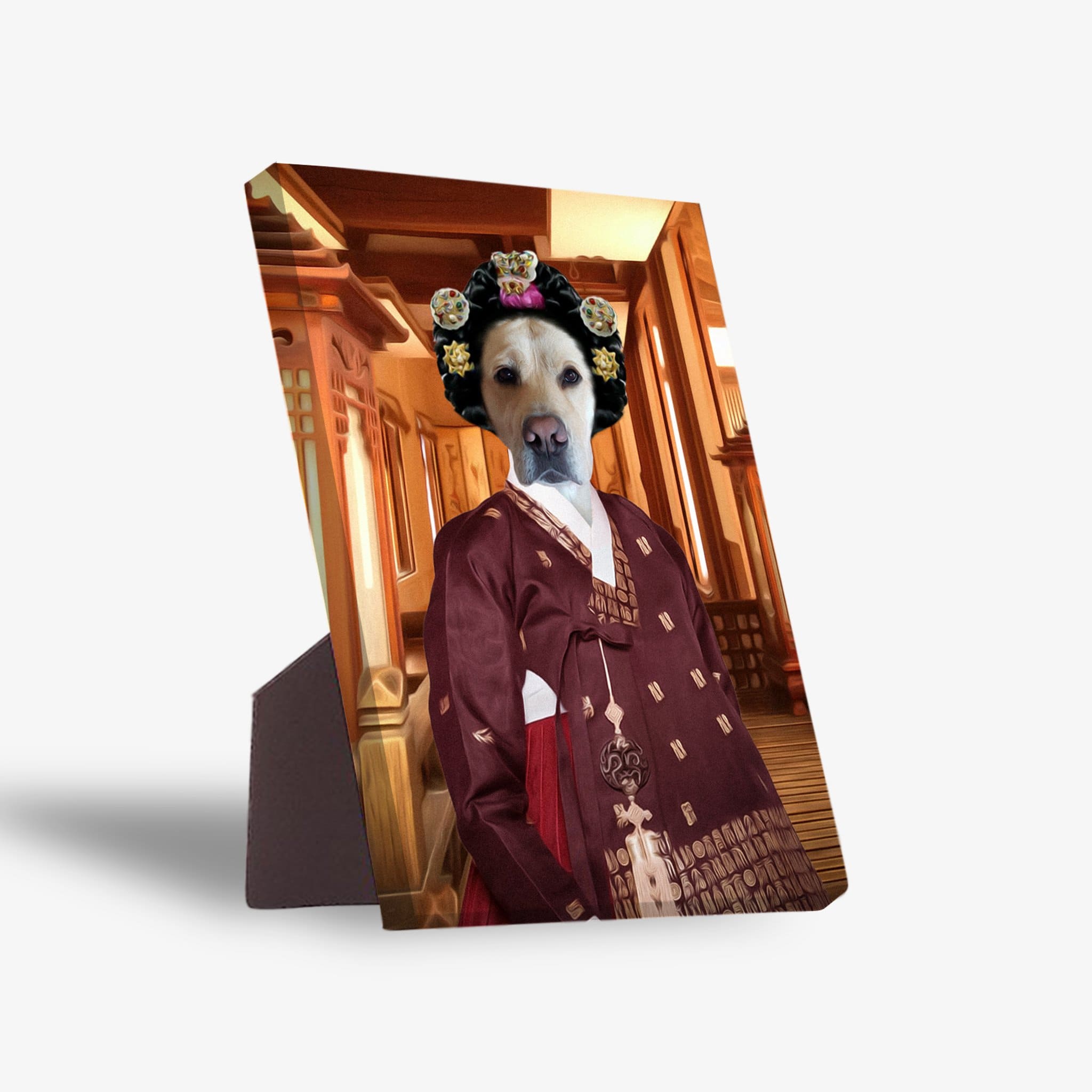 Personalized 'Asian Empress' pet portrait standing canvas featuring a dog in a traditional red hanbok.