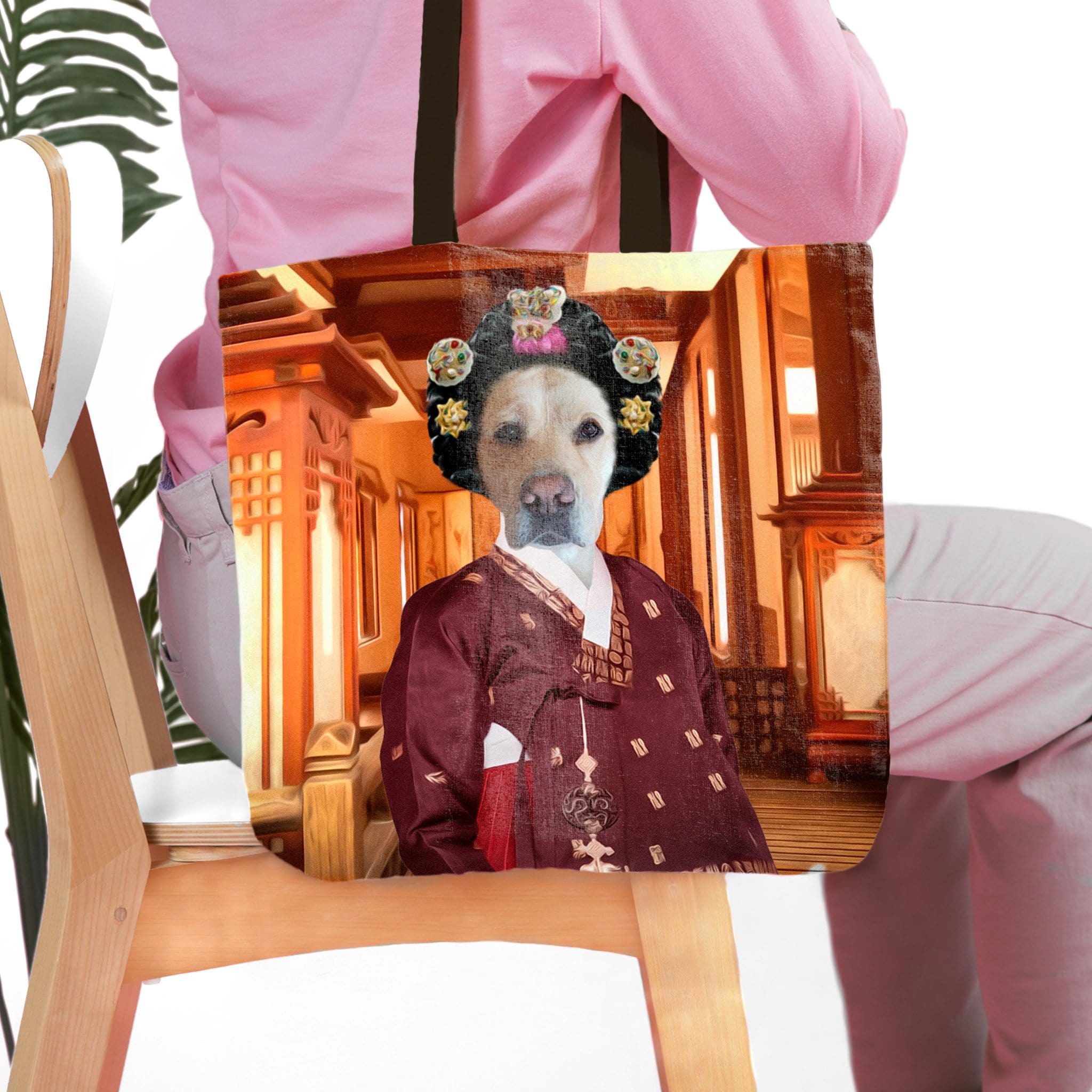 Personalized tote bag featuring a golden retriever pet portrait in a traditional Asian Empress costume.