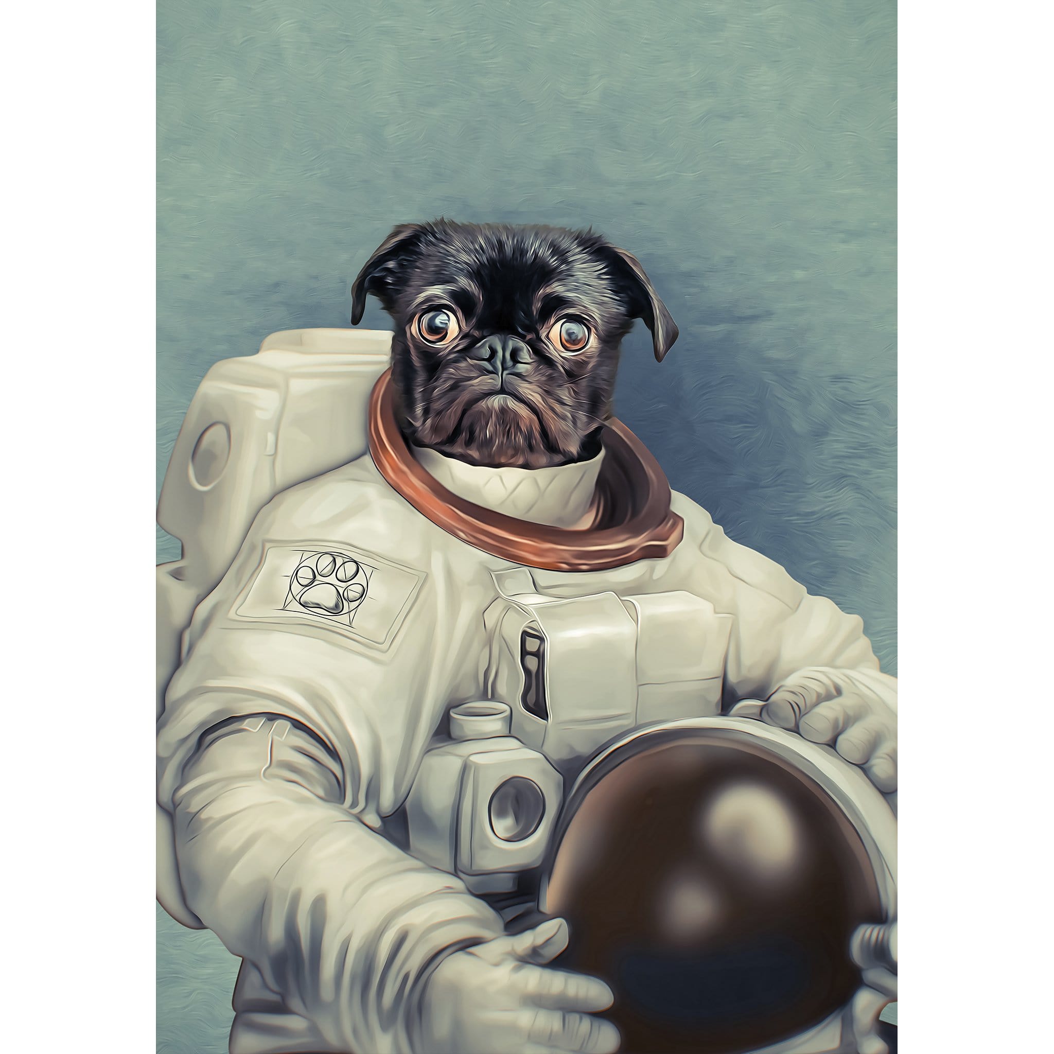 Custom digital portrait of a black pug dog in a white astronaut suit holding a helmet.