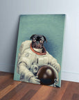 Personalized canvas print of a black pug dog in a white astronaut suit holding a helmet, against a blue background.