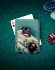 Personalized playing cards featuring a custom pet portrait of a pug in an astronaut suit.