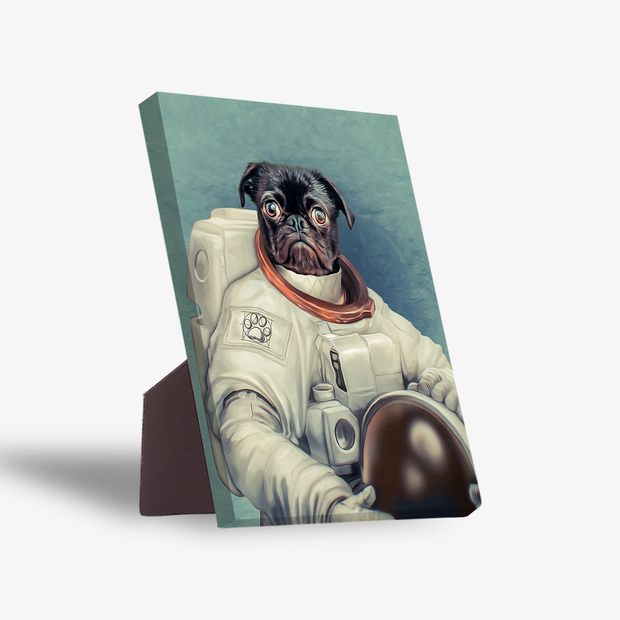 Personalized standing canvas featuring a black pug in a white astronaut suit with a paw print emblem.