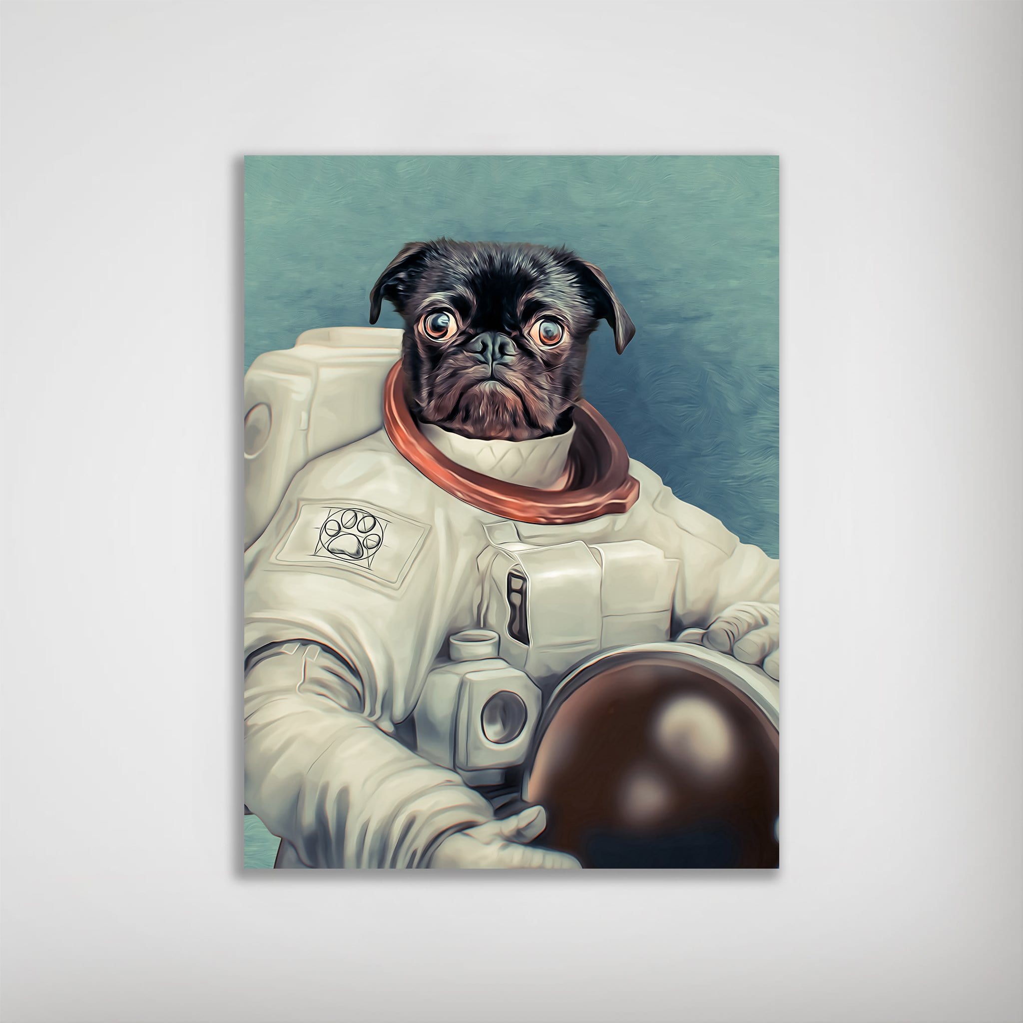 Personalized matte poster featuring a black pug in a white astronaut suit with a brown helmet.