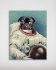 Personalized matte poster featuring a black pug in a white astronaut suit with a brown helmet.