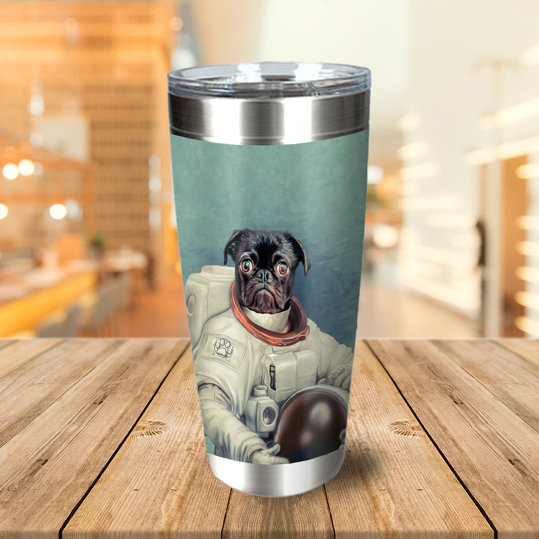Personalized stainless steel tumbler with a custom portrait of a black pug dog in an astronaut suit.