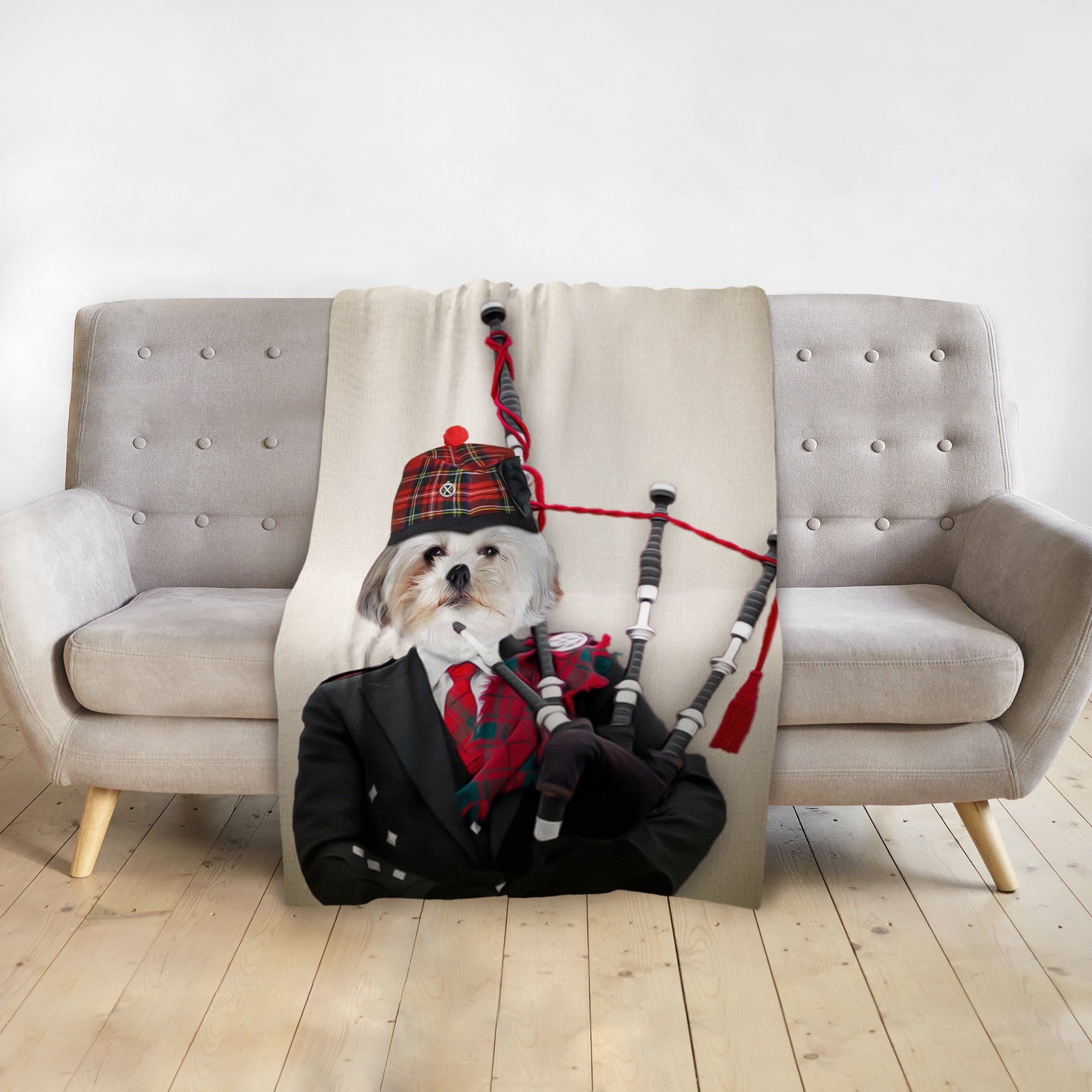 Personalized pet blanket featuring a Shih Tzu dog portrait dressed as a bagpiper in a Scottish kilt.