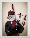 Personalized pet poster featuring a Shih Tzu in a black suit, tartan kilt, and bagpiper hat, playing bagpipes.