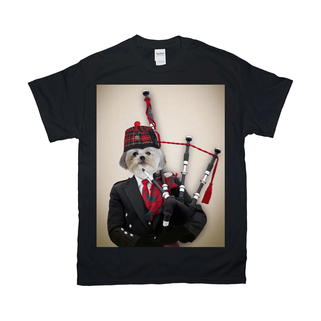 Black Gildan t-shirt with a personalized print of a Shih Tzu dog dressed as a bagpiper in a kilt and hat.