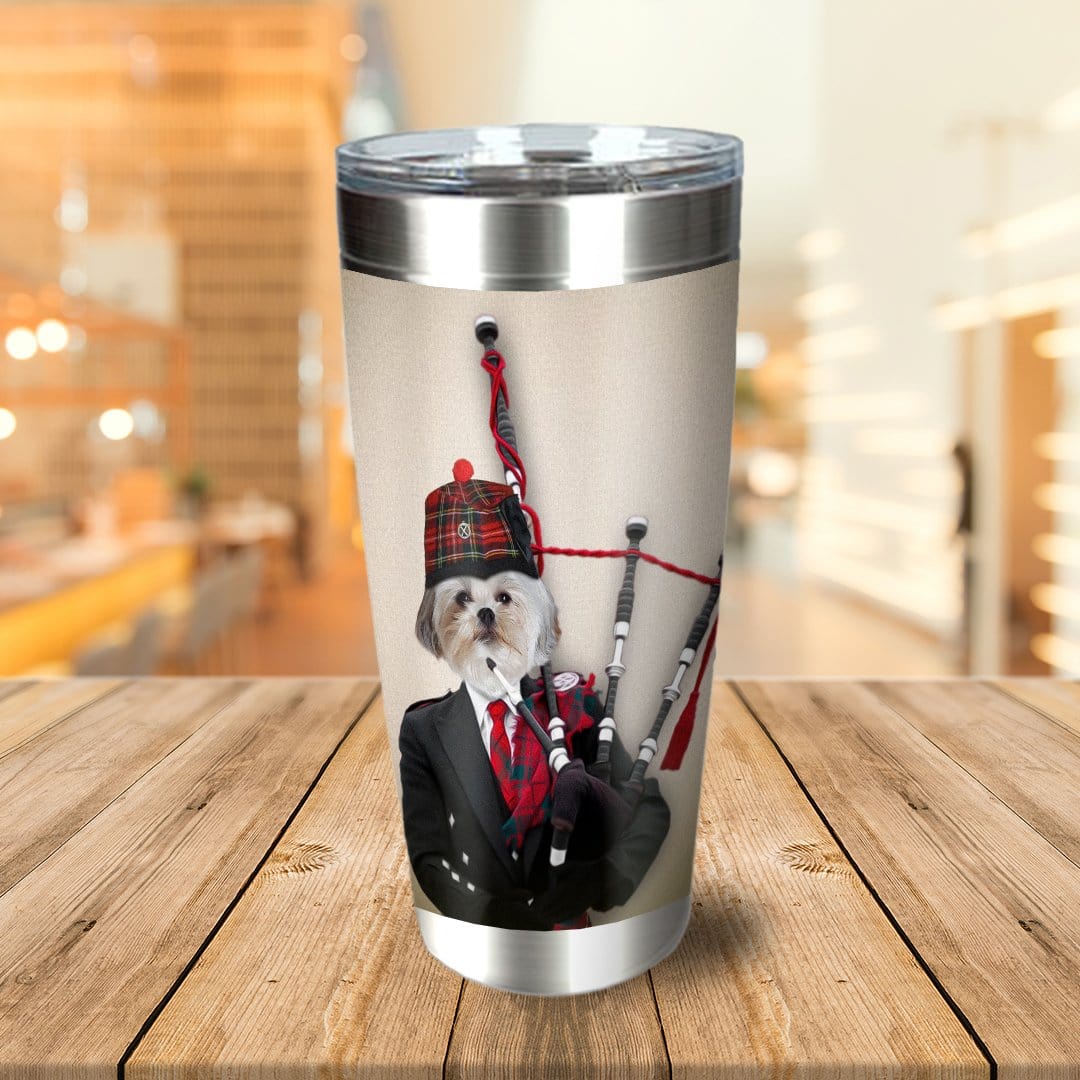 Personalized stainless steel tumbler with a custom portrait of a Shih Tzu dog dressed as a bagpiper.