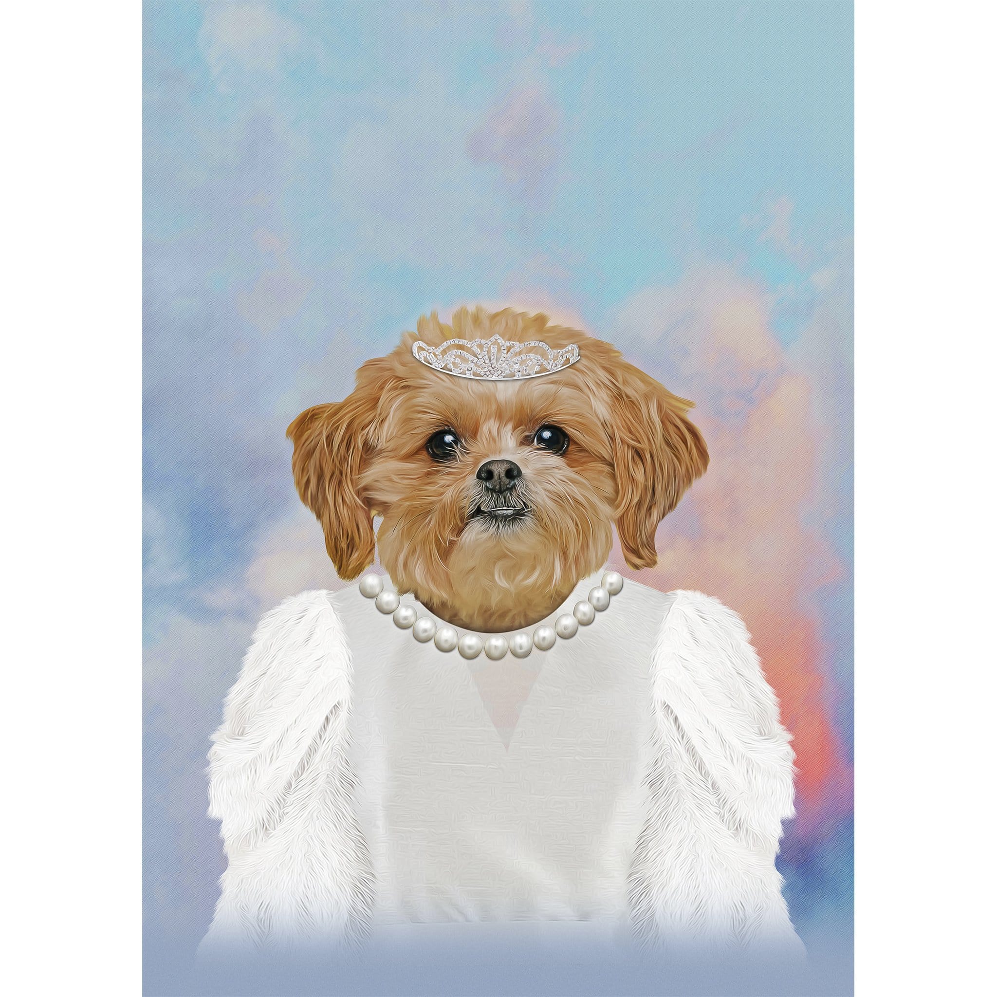 Custom digital portrait of a Shih Tzu dog as a ballerina, wearing a tiara and pearl necklace.