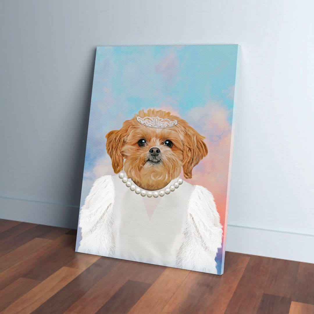 Custom pet canvas featuring a fluffy brown dog in a white ballerina dress, pearl necklace, and tiara, against a pastel sky.