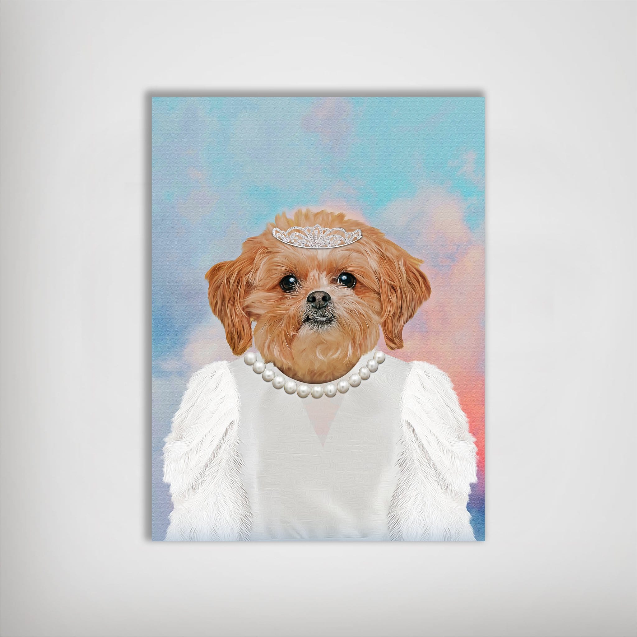 Personalized pet poster featuring a cute brown dog in a white dress, pearl necklace, and tiara against a pastel sky.