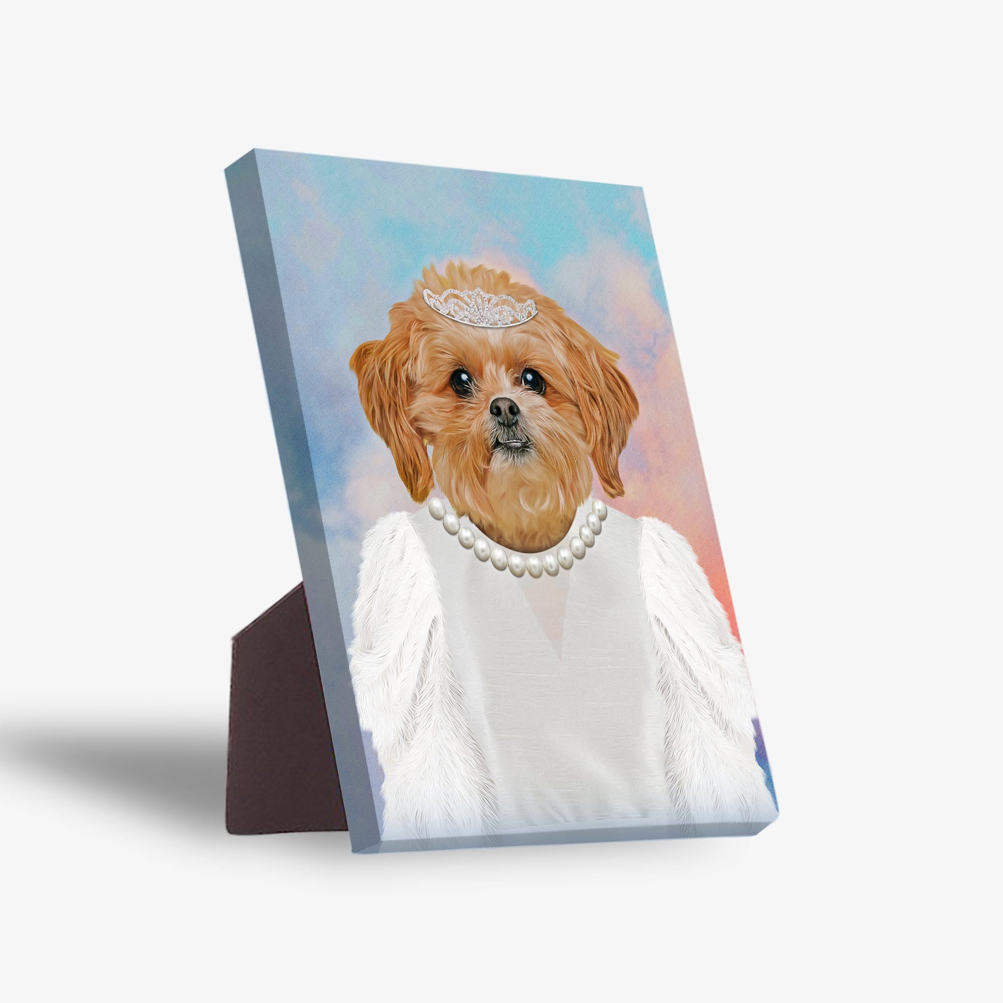 Personalized pet standing canvas featuring a Shih Tzu in a white dress, pearl necklace, and tiara against a colorful background.