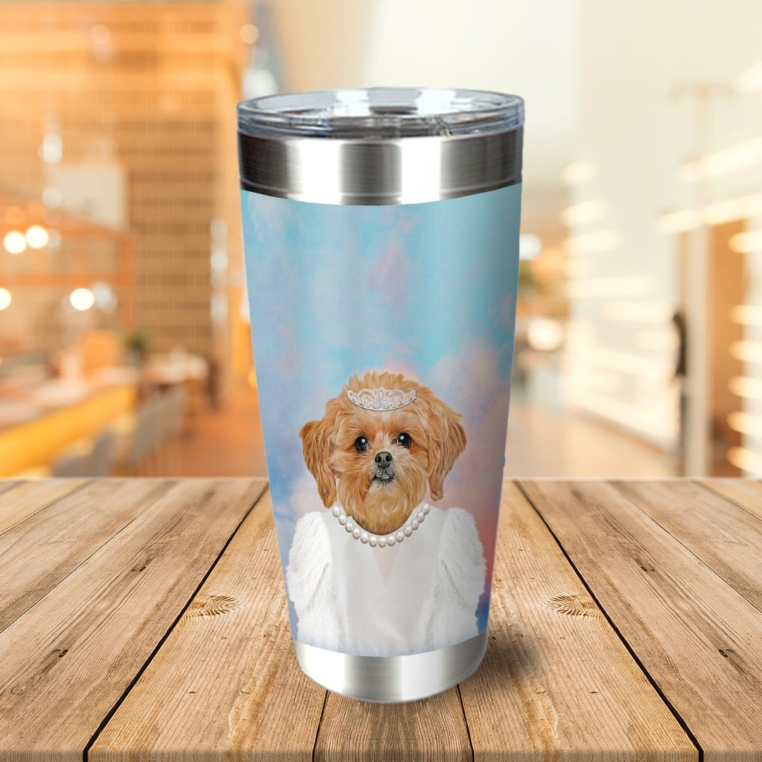 Personalized stainless steel tumbler with a custom pet portrait of a dog in a white dress and tiara.