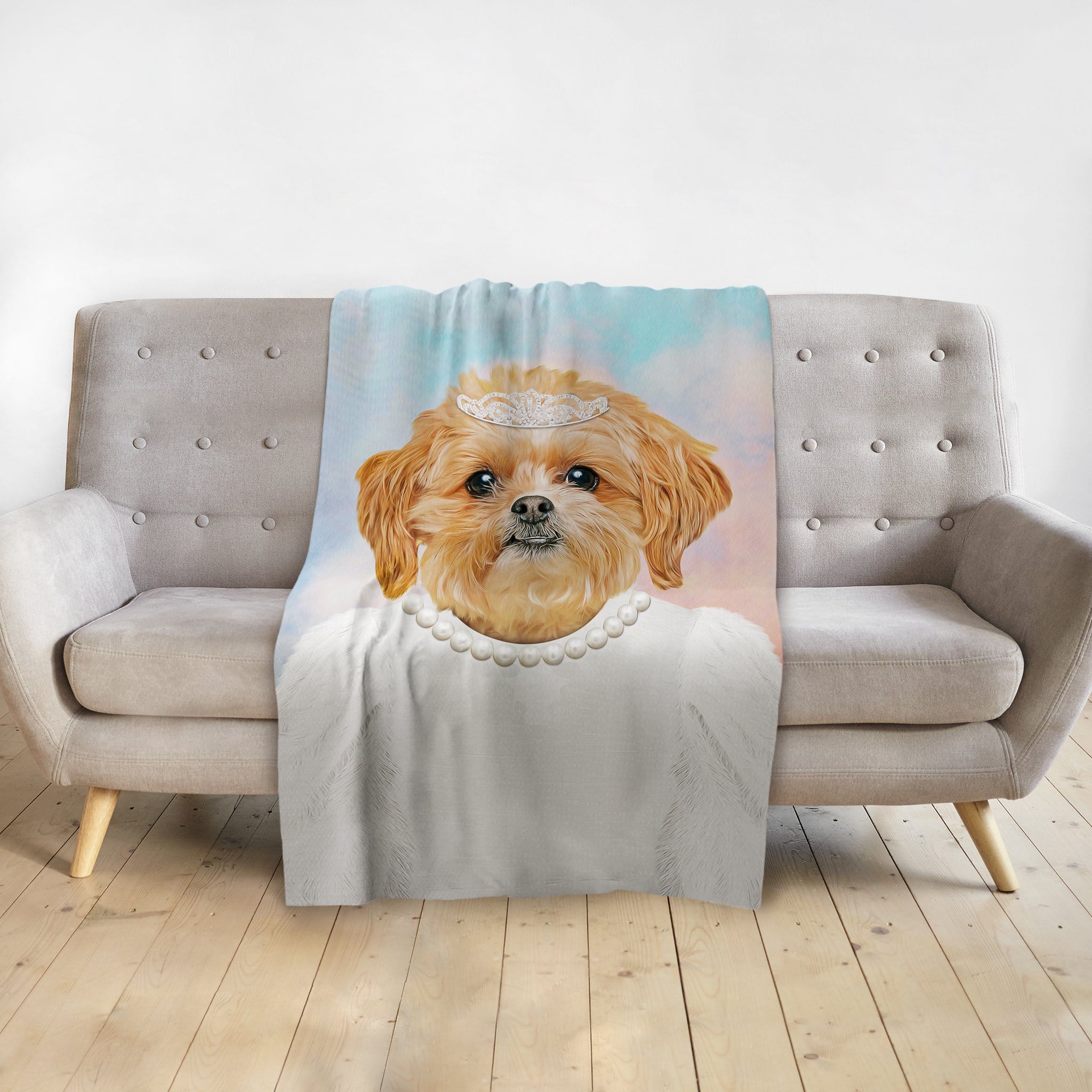 Personalized pet blanket with a Shih Tzu dog in a white dress, pearl necklace, and tiara.