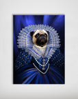 Personalized 'The Baroness' dog poster featuring a pug in a blue regal gown and lace collar.