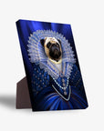 Personalized pet standing canvas featuring a pug in a blue Baroness portrait with a white lace ruff.