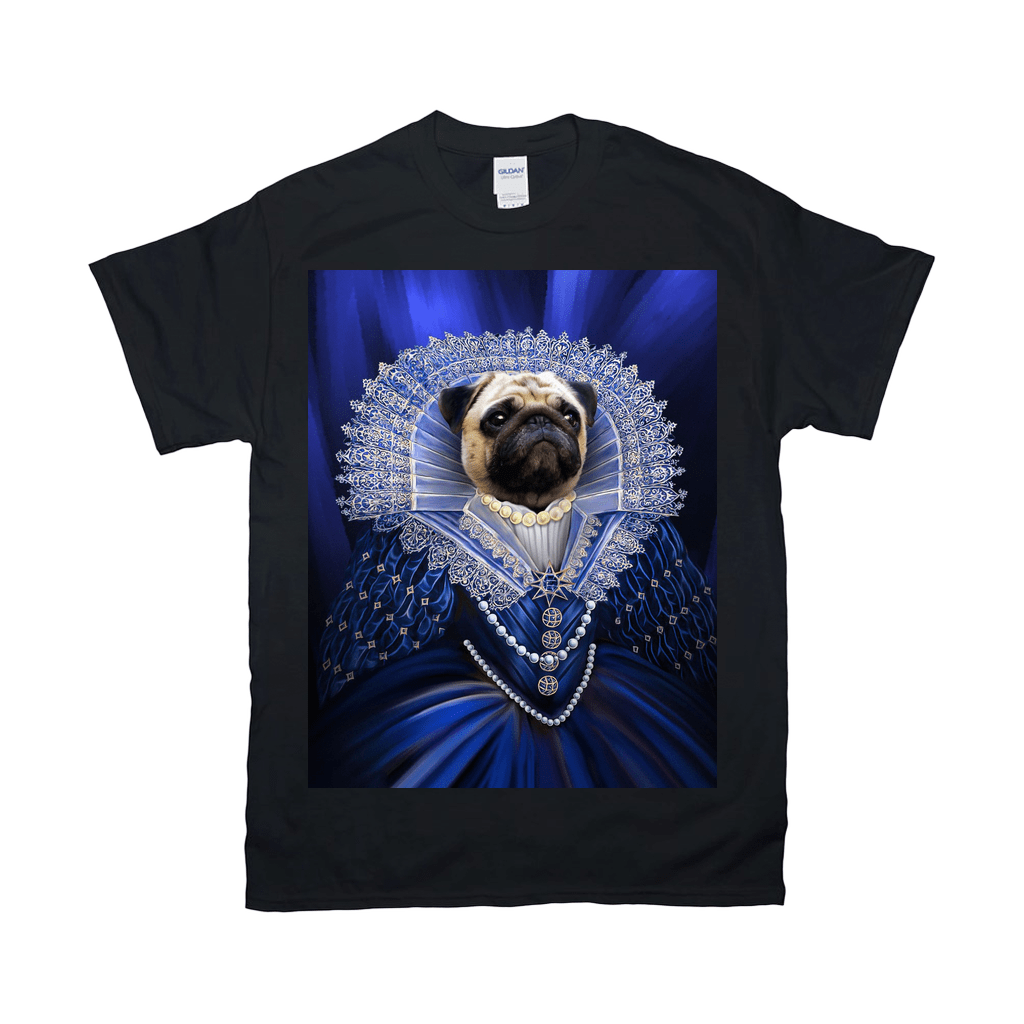Black Gildan t-shirt featuring a pug in a blue regal dress with a white lace collar and pearls.