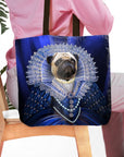 Personalized Baroness pet portrait tote bag featuring a pug in a royal blue renaissance gown.