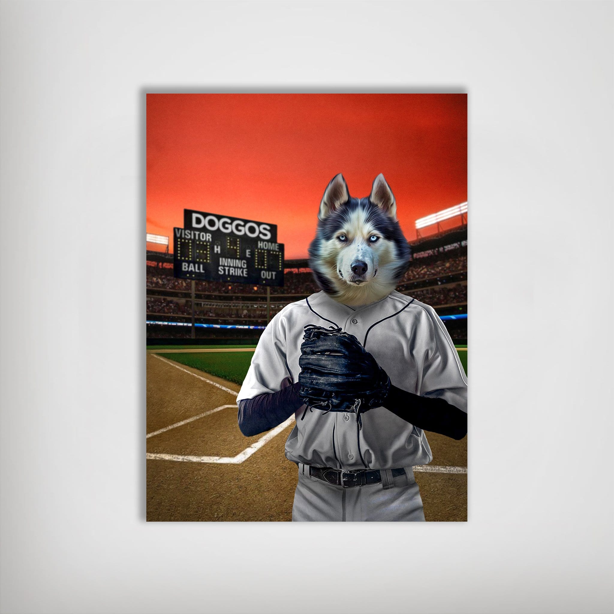 Personalized husky dog in a baseball uniform with a mitt, standing on a field under a scoreboard.