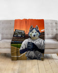 Personalized pet blanket with a husky in a baseball uniform on a field.