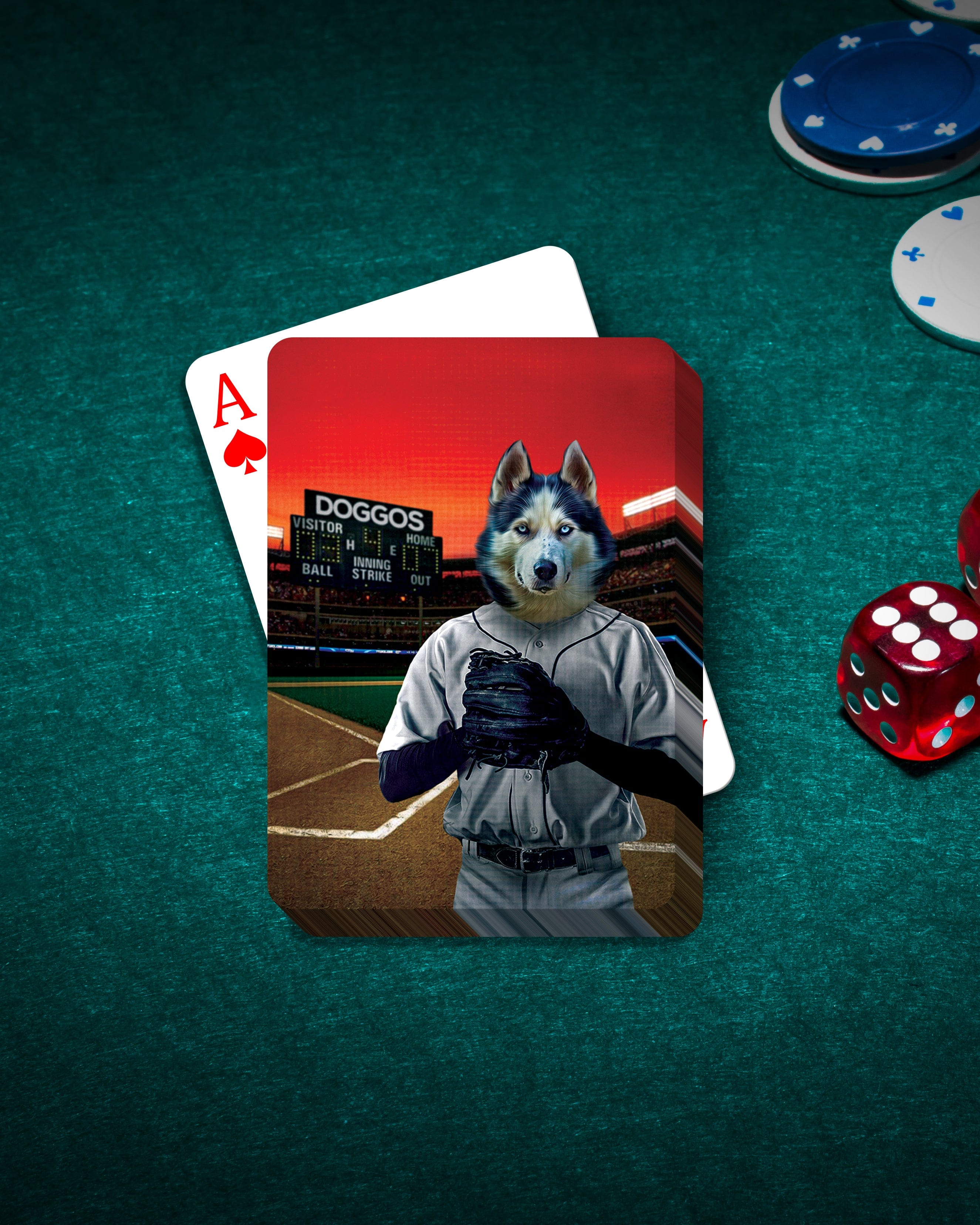 Personalized pet playing cards featuring a husky dog in a baseball player uniform on a green felt table.