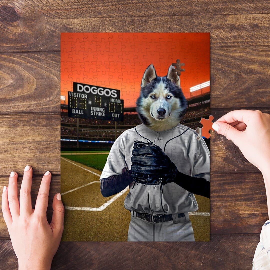 Personalized pet puzzle featuring a husky's head on a baseball player's body in a stadium.