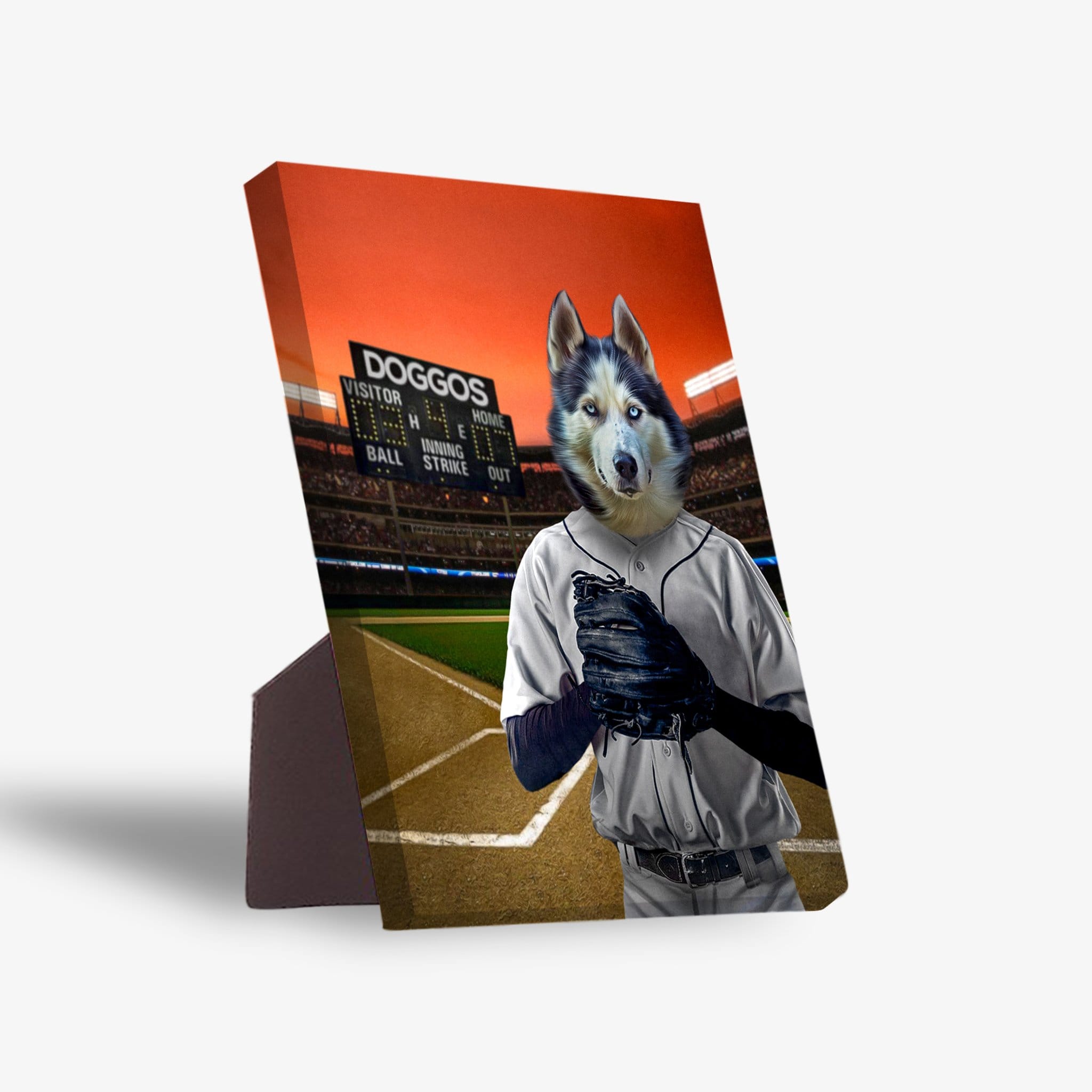 Personalized pet standing canvas featuring a husky in a baseball uniform with a stadium background.