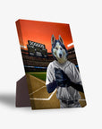 Personalized pet standing canvas featuring a husky in a baseball uniform with a stadium background.