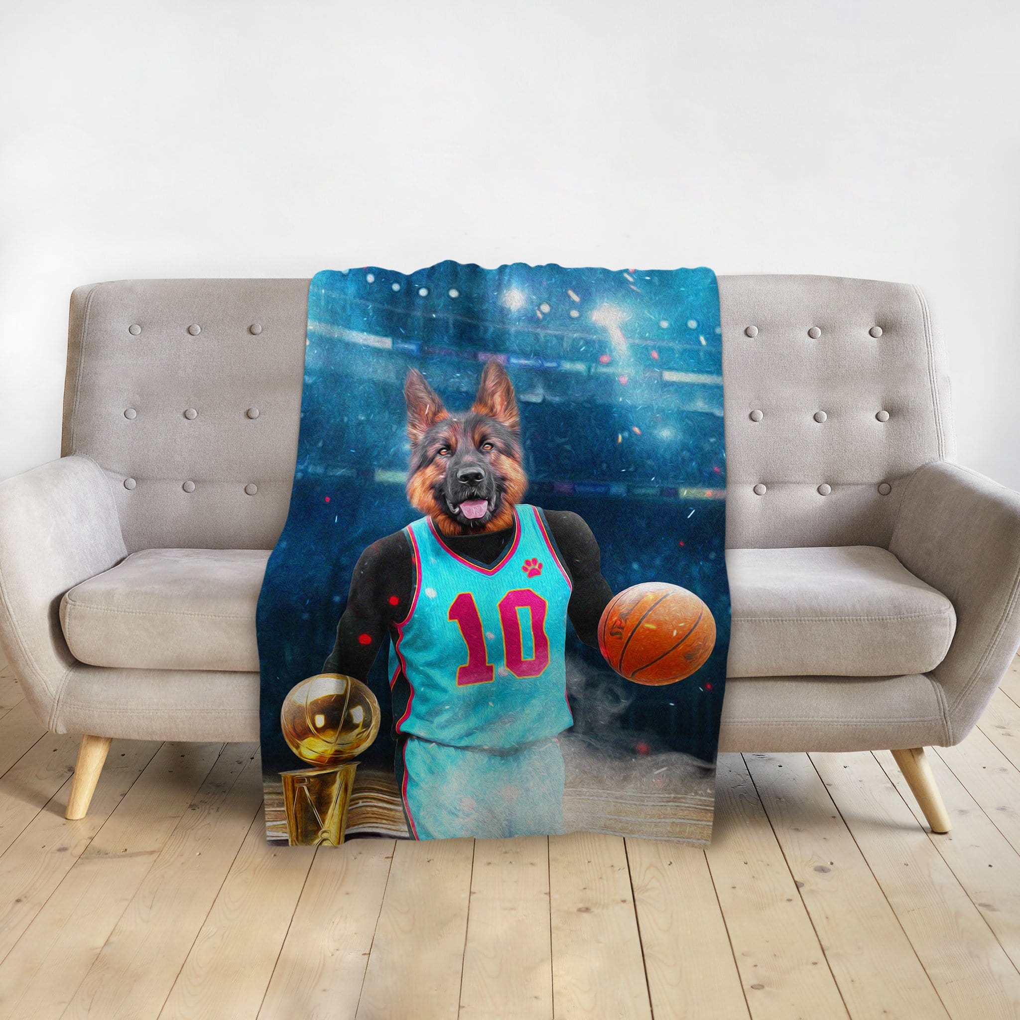Personalized pet blanket featuring a German Shepherd dog in a basketball player portrait.