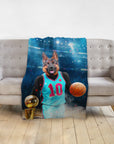 Personalized pet blanket featuring a German Shepherd dog in a basketball player portrait.