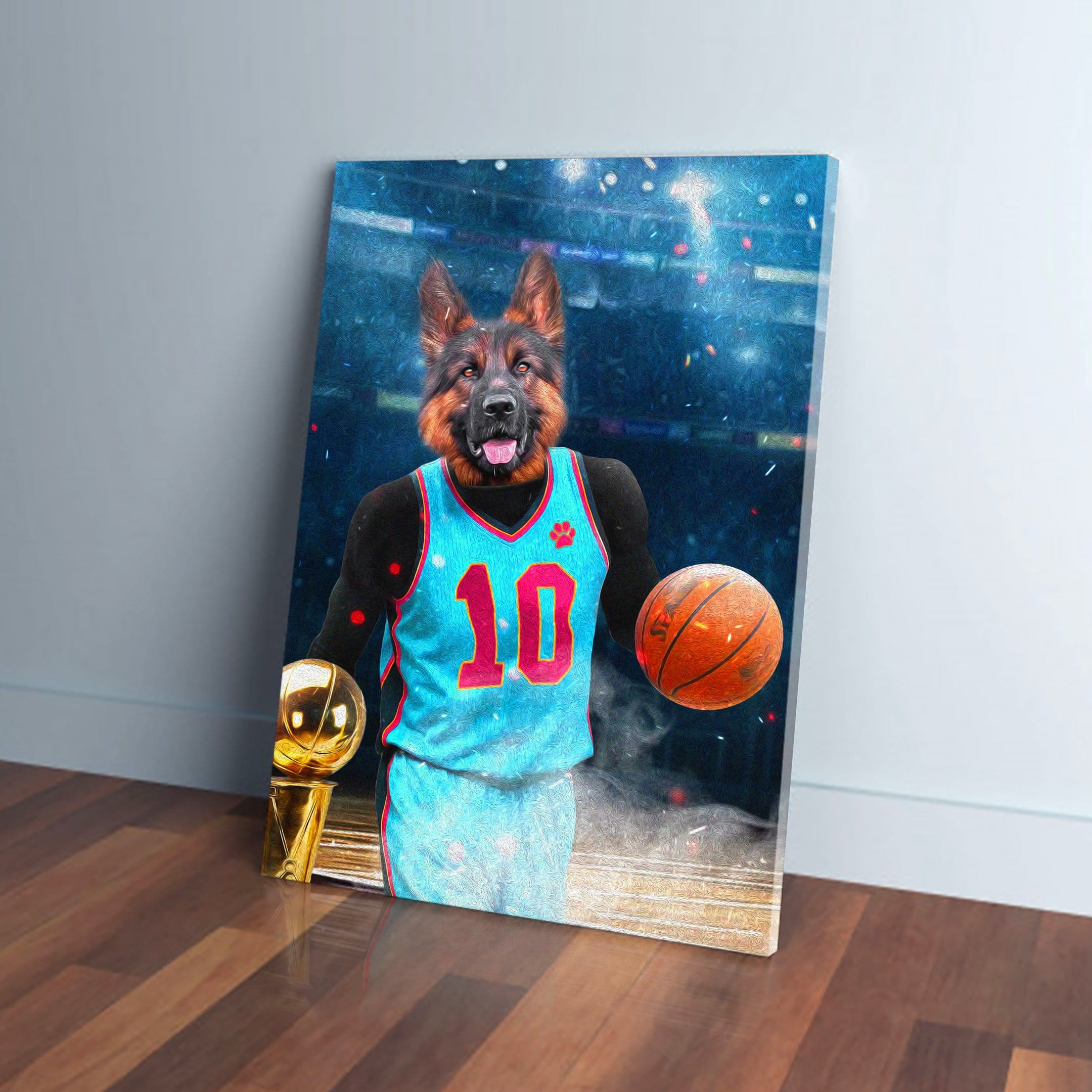 German Shepherd pet canvas in a blue basketball jersey with number 10, holding a trophy and basketball.