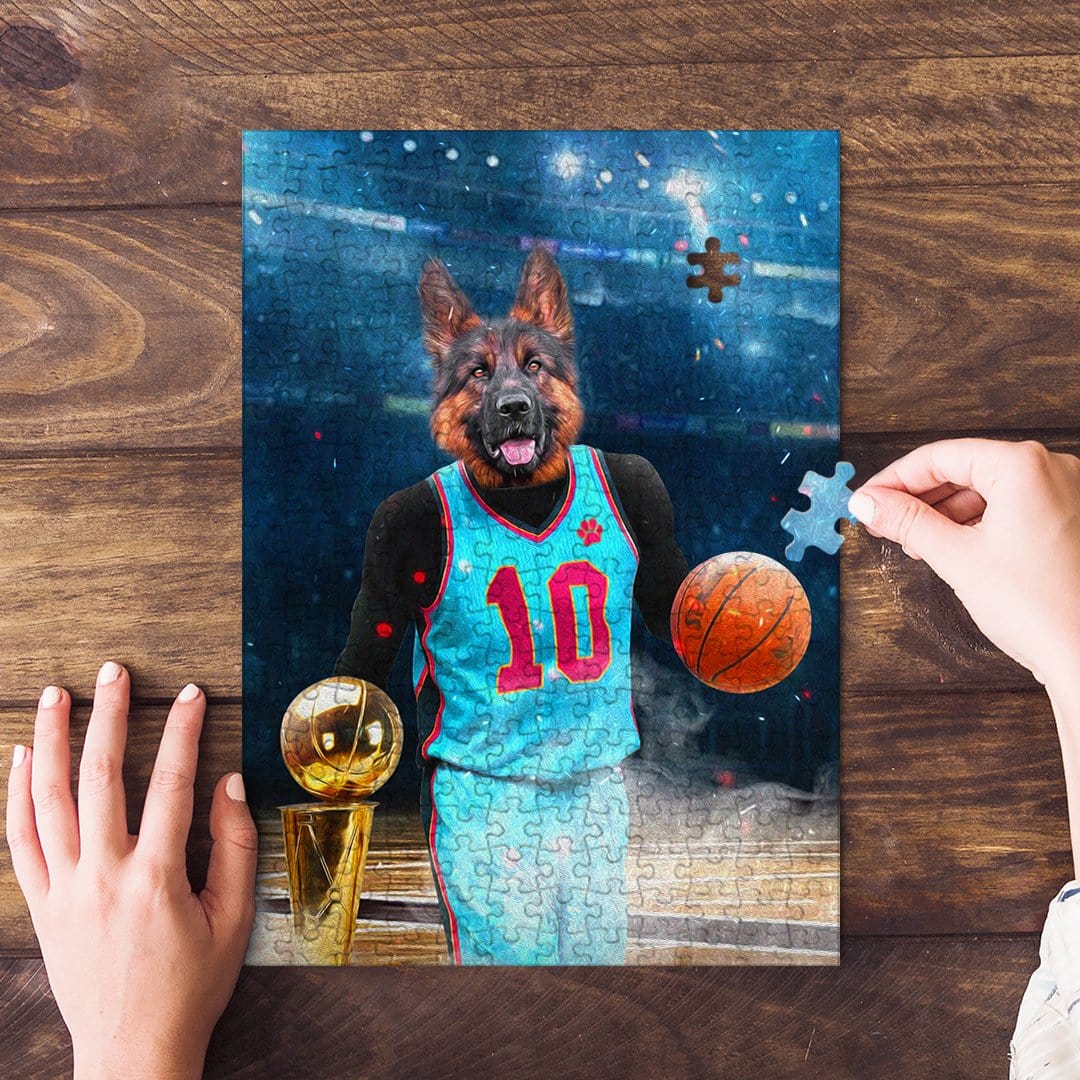 Custom personalized pet puzzle featuring a German Shepherd as a basketball player in a blue jersey.