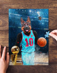 Custom personalized pet puzzle featuring a German Shepherd as a basketball player in a blue jersey.