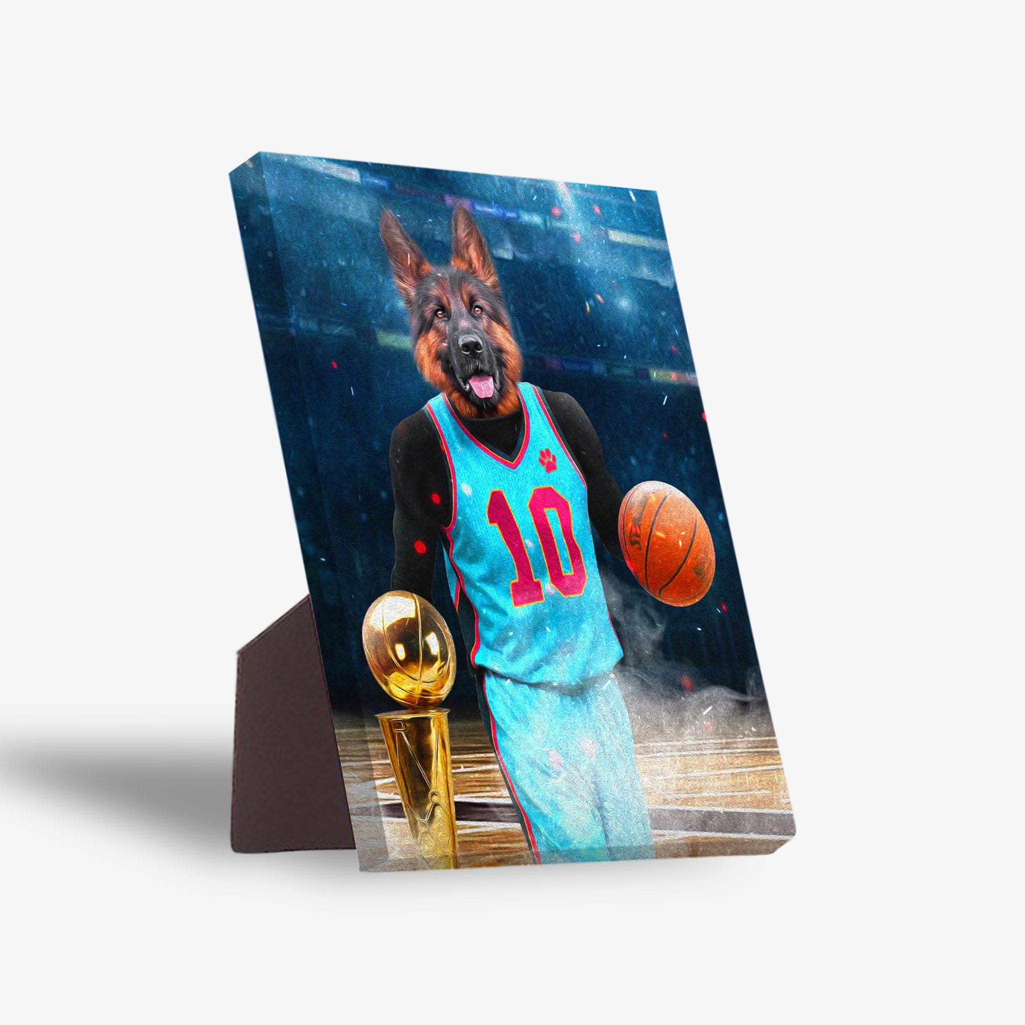 Personalized German Shepherd pet portrait canvas as a basketball player in a blue jersey, holding a ball and trophy.