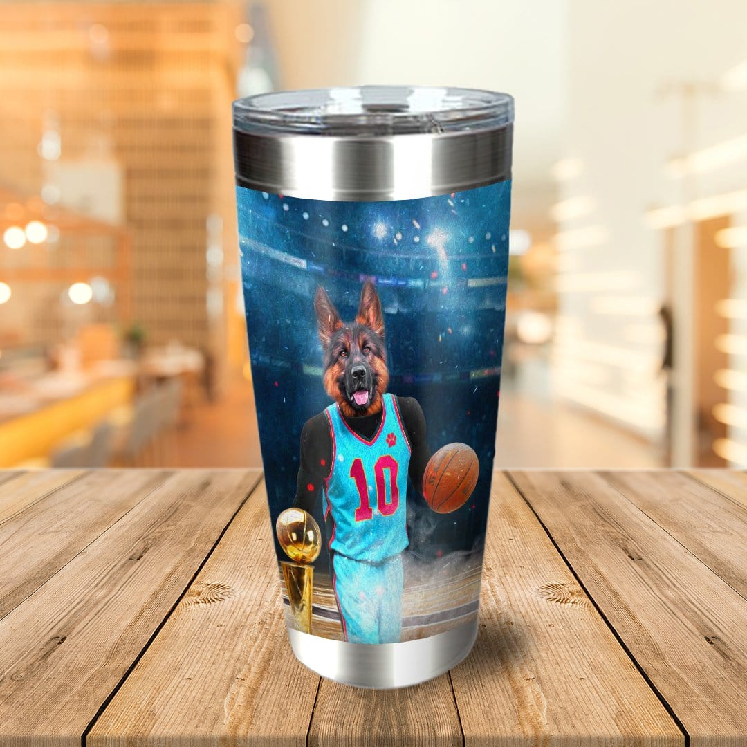Personalized stainless steel tumbler with a German Shepherd pet portrait as a basketball player.