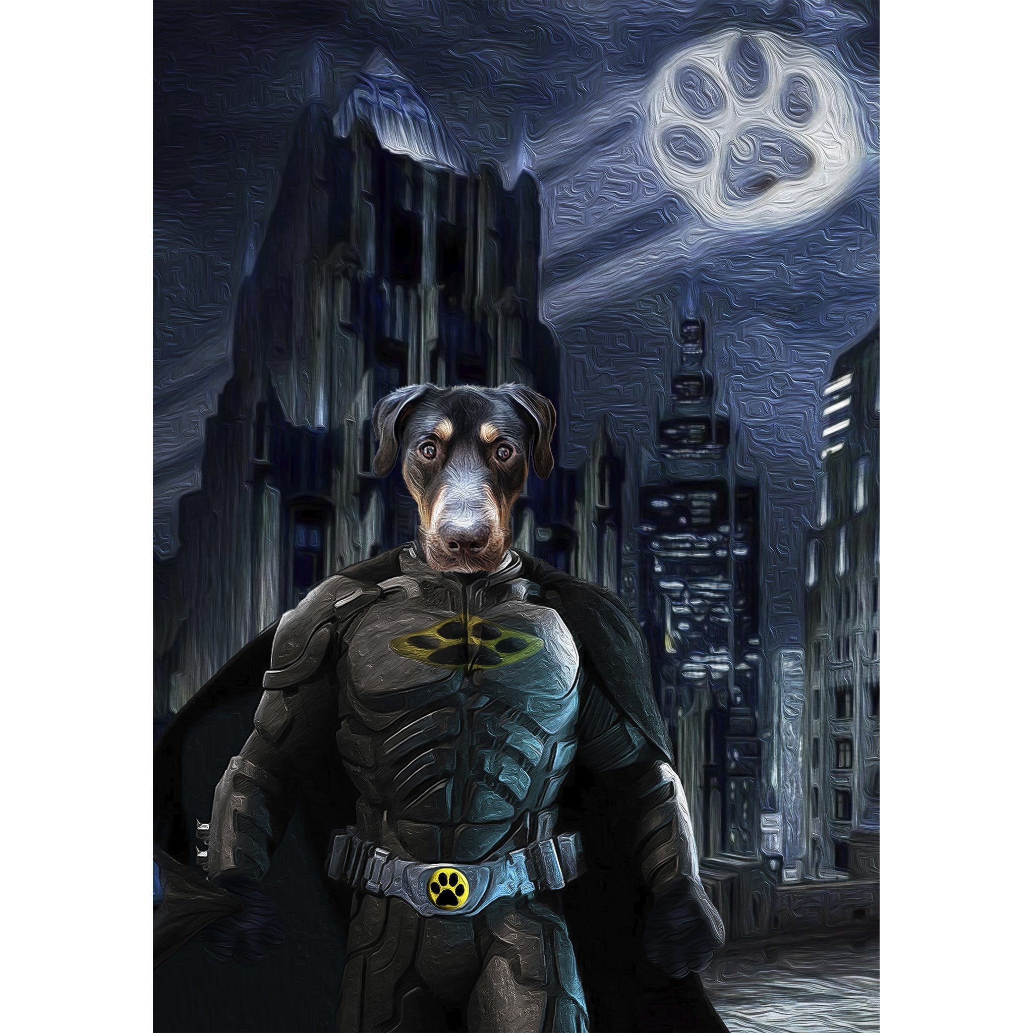 Custom digital portrait of a dog as 'The Batdog' in a dark city, with a paw print moon.