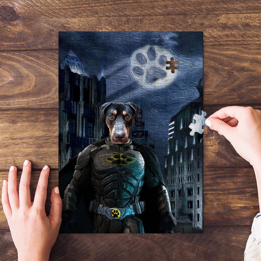 Personalized Batdog pet puzzle featuring a Doberman in a superhero costume, with a paw print moon.
