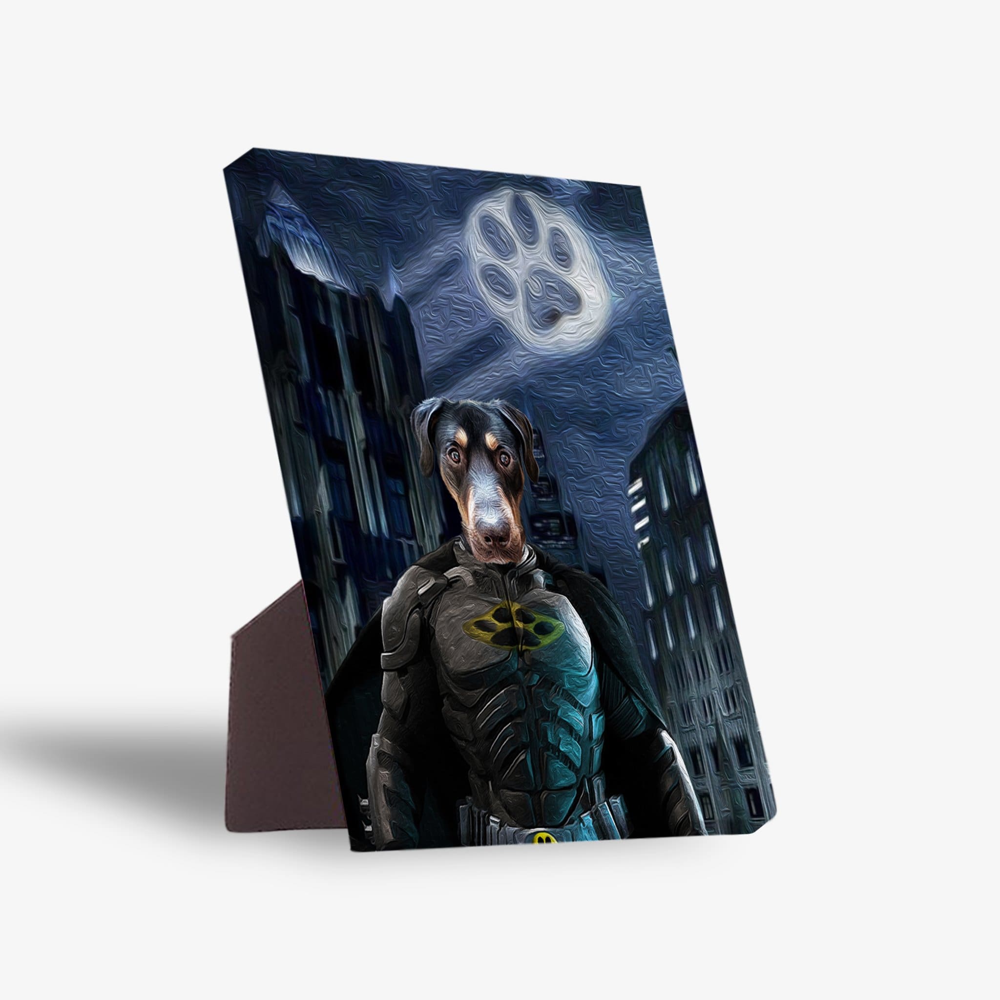 Personalized "Batdog" pet portrait standing canvas featuring a Doberman in a dark blue Batman suit against a city night sky.