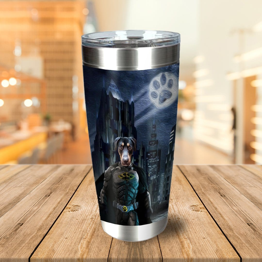Personalized stainless steel tumbler with a custom Batdog pet portrait in a dark city scene.