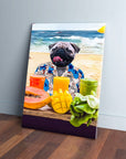 Personalized 'Beach Dog' canvas featuring a pug in a Hawaiian shirt on a beach with tropical drinks and fruit.