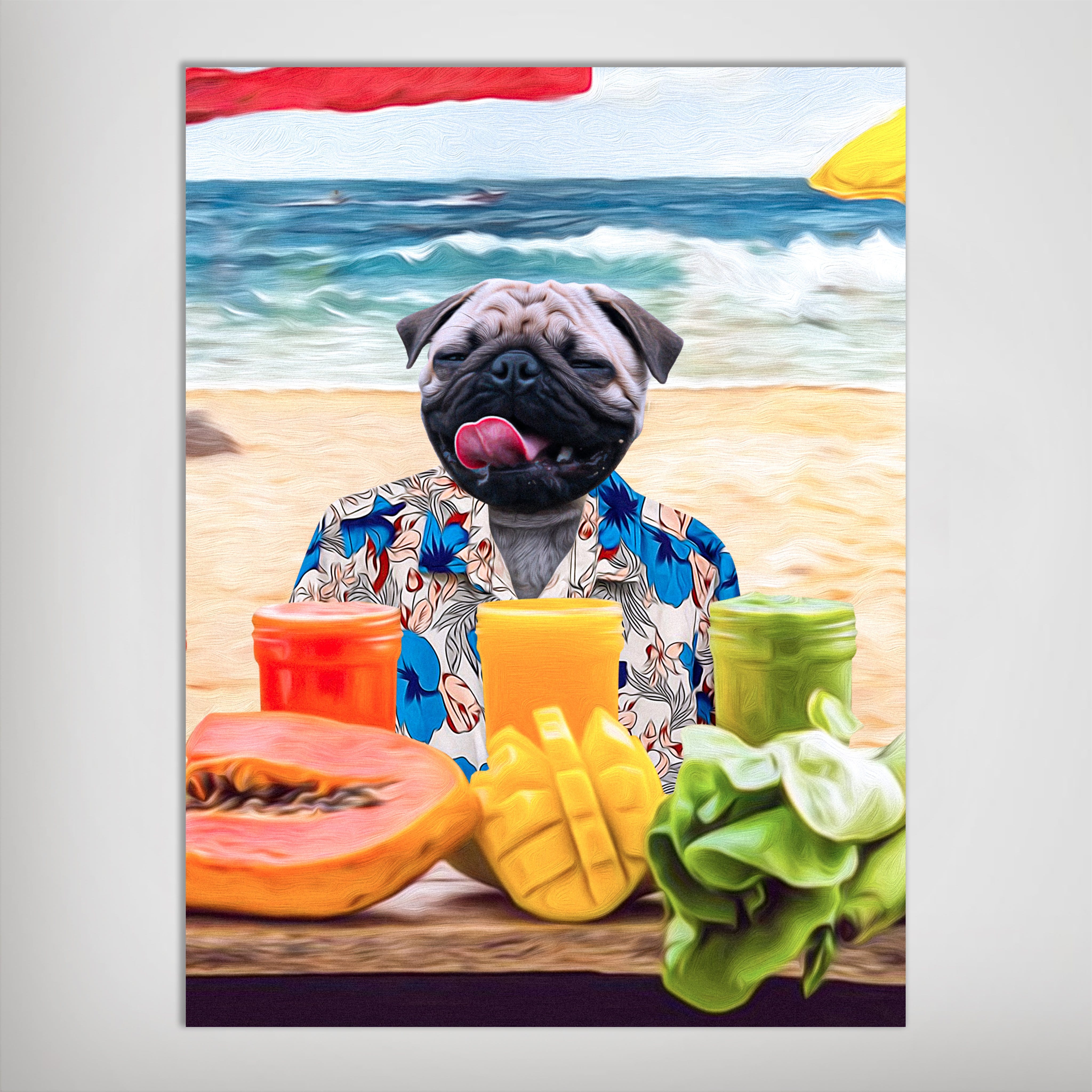 Personalized 'Beach Dog' poster featuring a pug in a Hawaiian shirt on a beach with drinks and fruit.