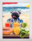 Personalized 'Beach Dog' poster featuring a pug in a Hawaiian shirt on a beach with drinks and fruit.