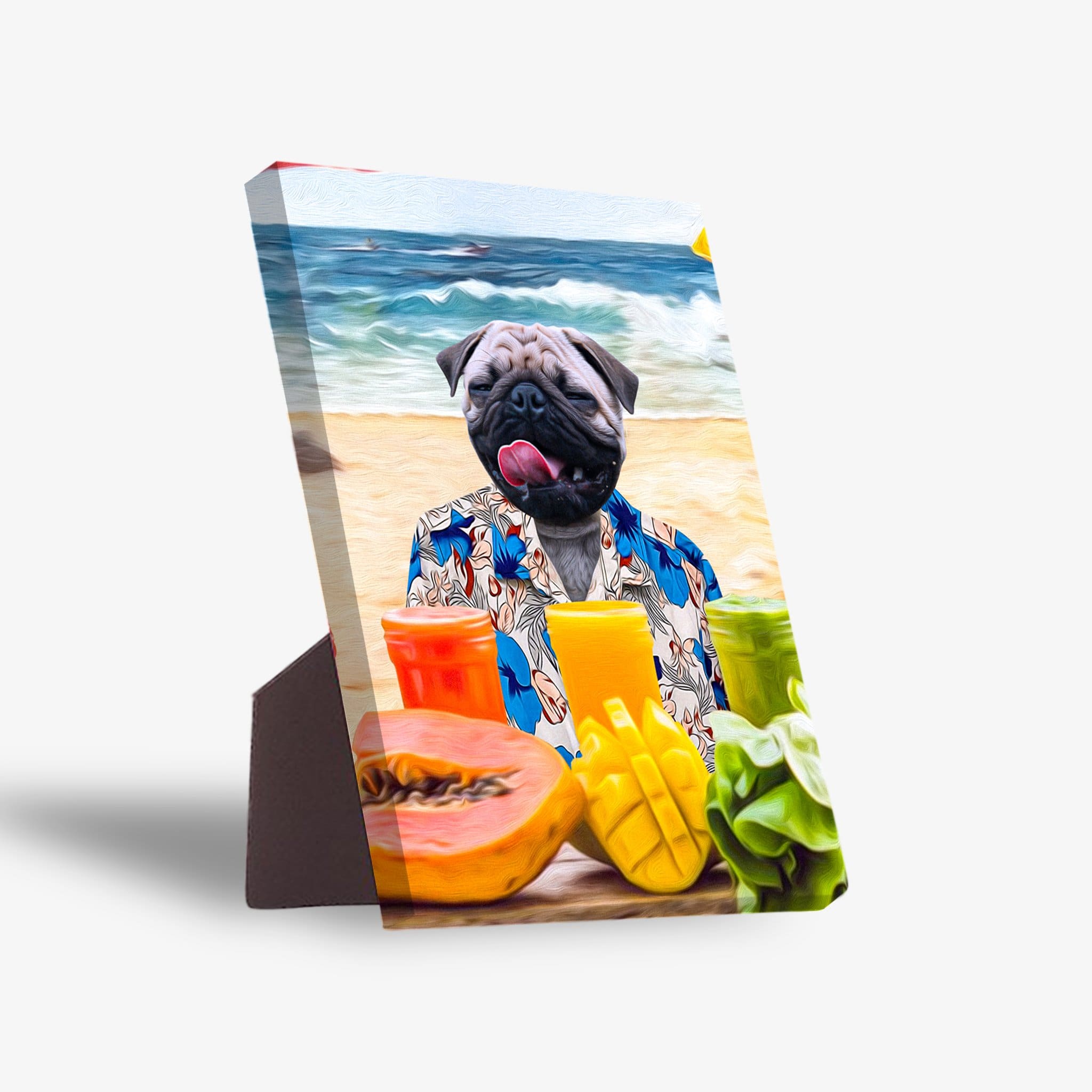 Personalized 'Beach Dog' standing canvas featuring a pug in a Hawaiian shirt on a beach, with tropical fruits.