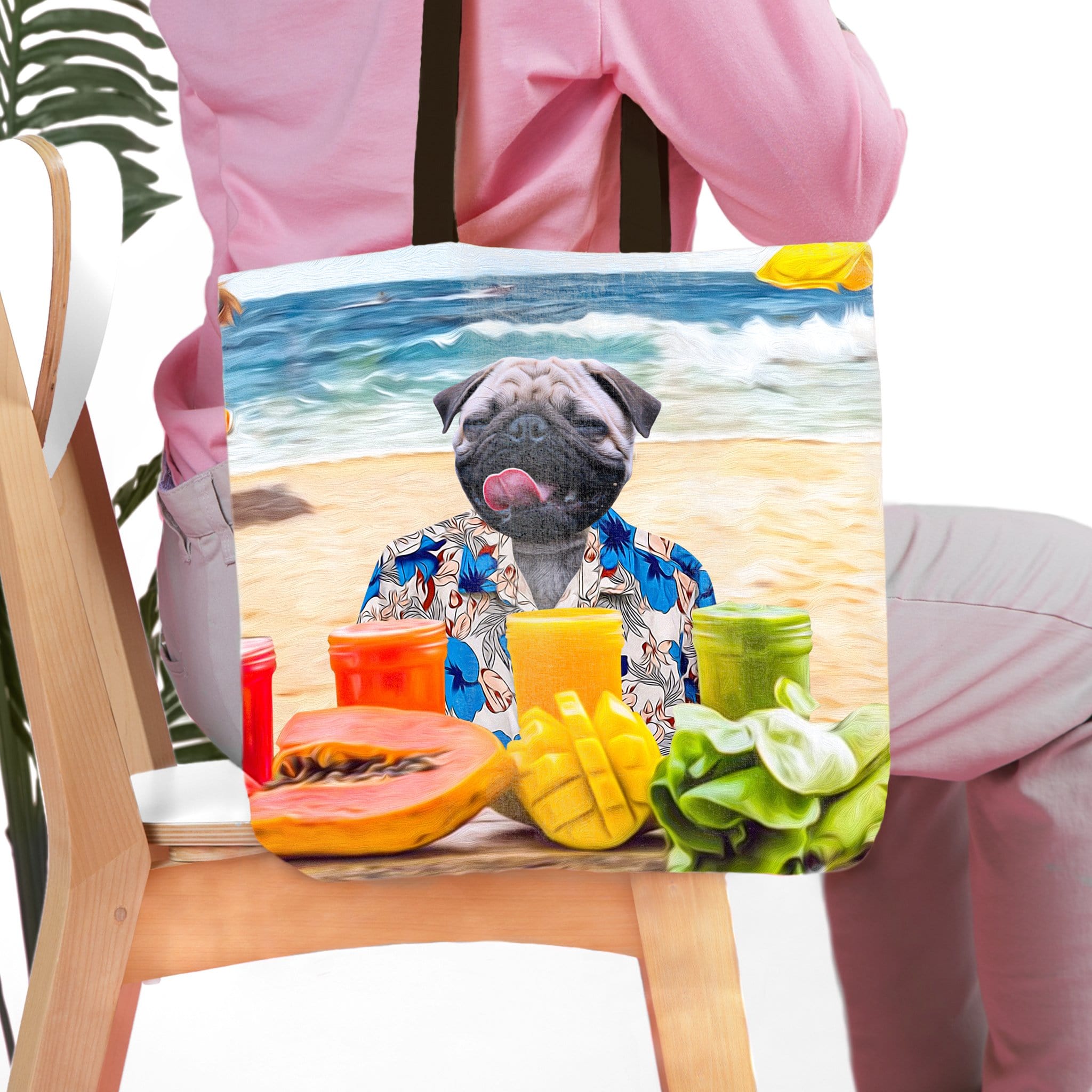 Personalized 'Beach Dog' tote bag with a custom pug pet portrait in a Hawaiian shirt on a beach.