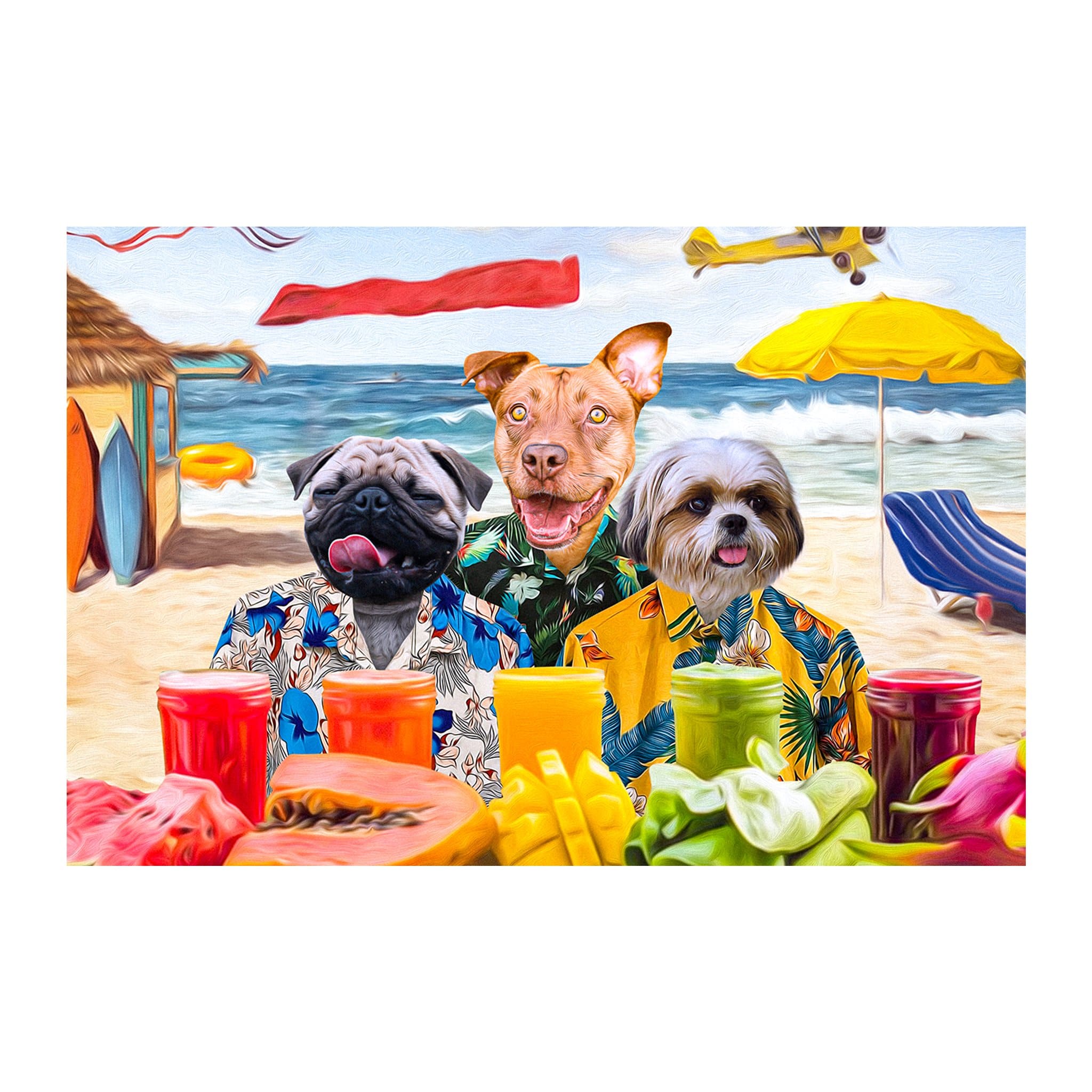 Custom digital portrait of three dogs in Hawaiian shirts on a beach with tropical drinks.