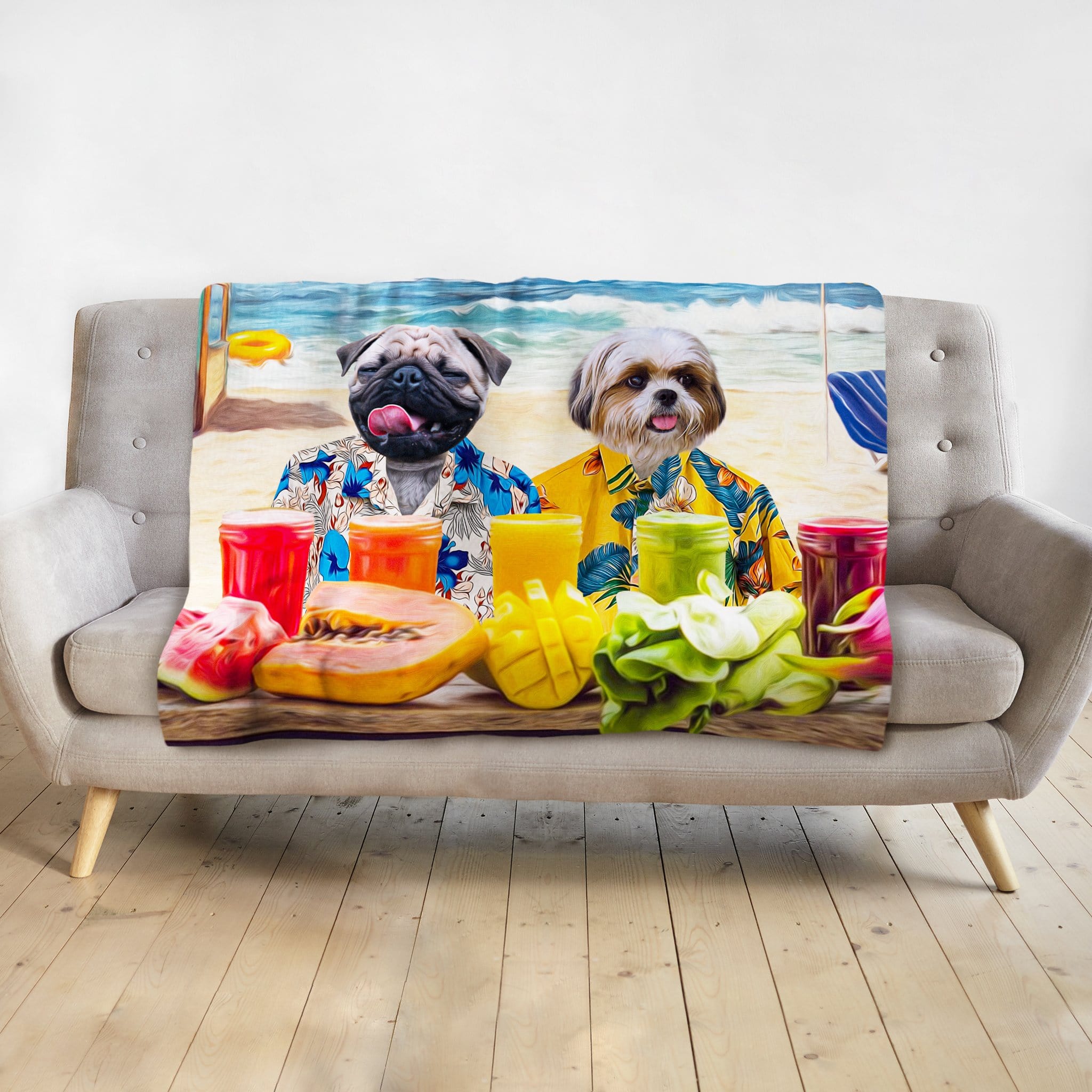 Personalized pet blanket with two dogs in Hawaiian shirts on a beach, surrounded by fruit and drinks.
