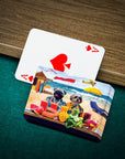 Personalized playing cards featuring two dogs in a "Beach Dogs" cartoon style on a green felt table.