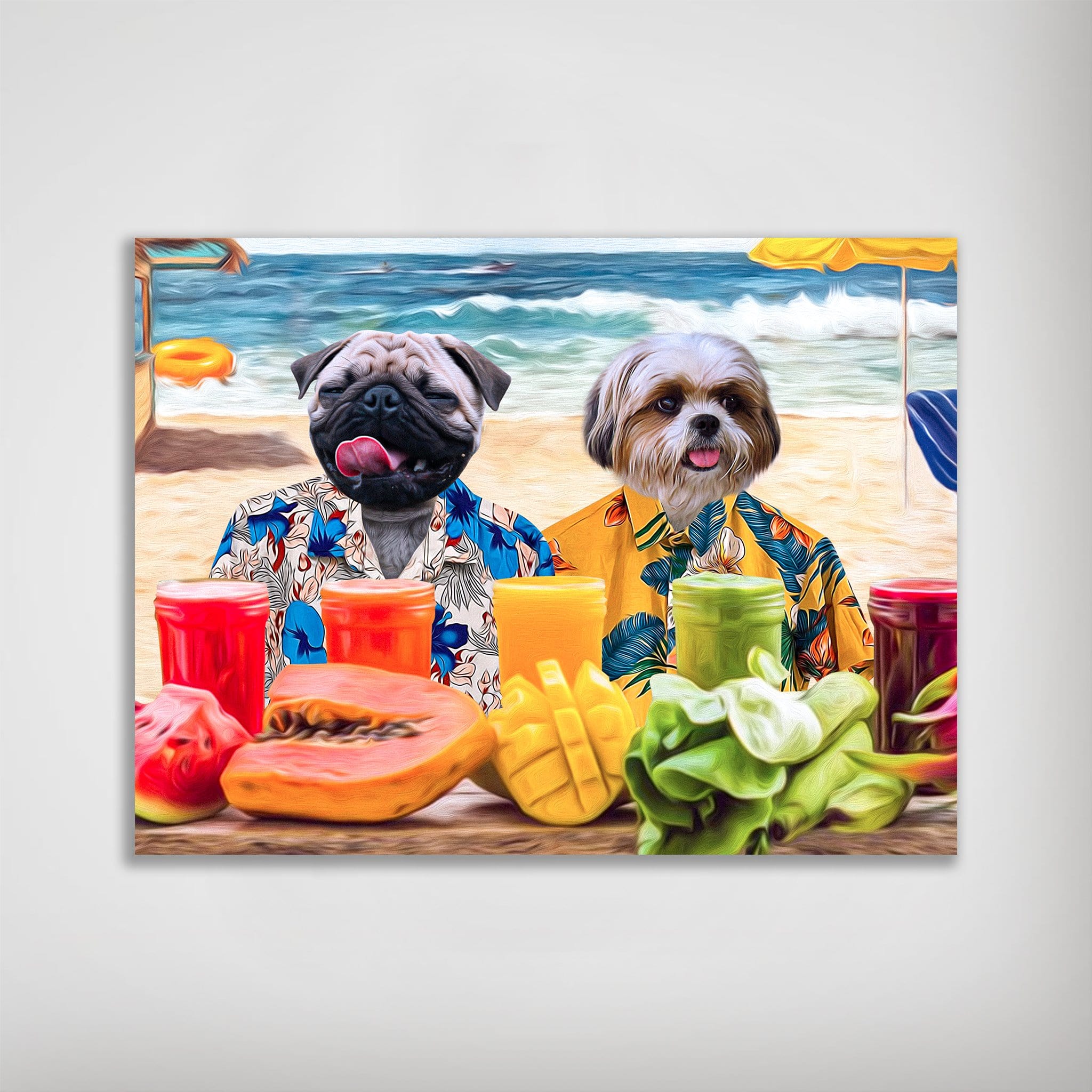 Personalized 'Beach Dogs' poster featuring a pug and shih tzu in Hawaiian shirts on a beach with drinks.